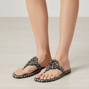 New TORY BURCH Miller Logo Prints Leather Thong Sandal In Triangle Geo Sz 8